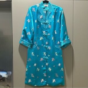 Vintage 1960s Custom-made Japanese Women's House Coat - Silk Turquoise